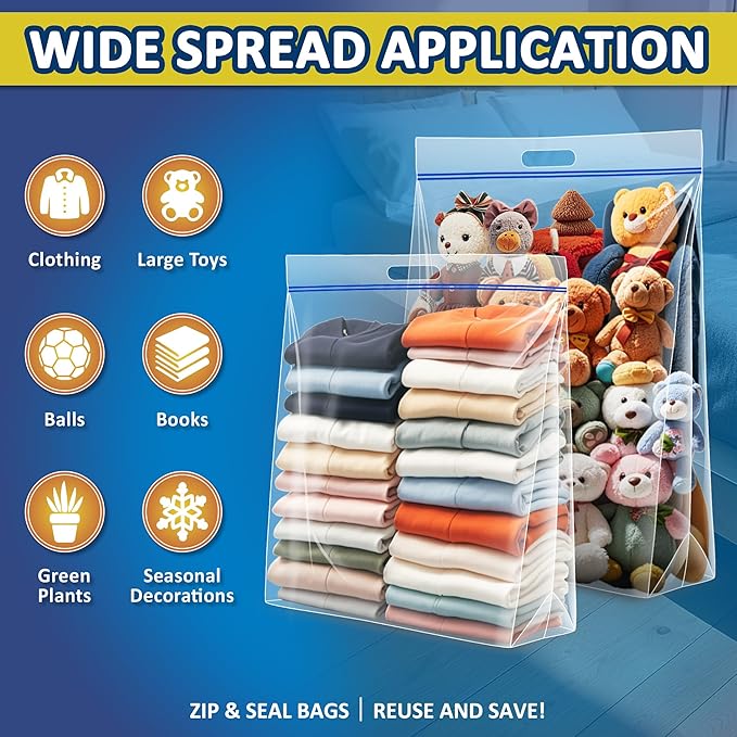 25 Gallon Extra Large Resealable Storage Bags with Zipper Top，35" x 24" Heavy Duty Clear Bags with Handles, 4 Mil Thick, Perfect for Clothing, Pillows, Travel, and Moving (10 Packs)