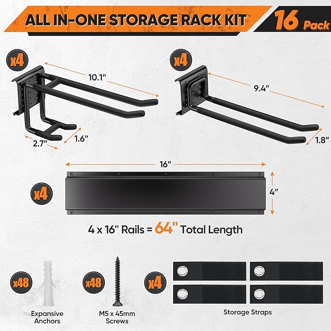 Garden Tool Organizer Wall Mount, 64 inches Tool Storage Rack with Adjustable Hooks, 600lbs Adjustable Heavy Duty Metal Hooks, Yard Shed Rack Holder System Hanging Rake Broom Mop Snowboard, Men Gift