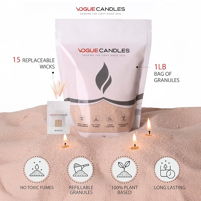Vogue Candles Granulated Nude Wax Refill – 1LB Pearled Candle Sand Wax – Mother’s Day Candle Kit with 15 Cotton Wicks for DIY Home Lighting – Plant-Based & Reusable for Clean Burning & Custom Vessels