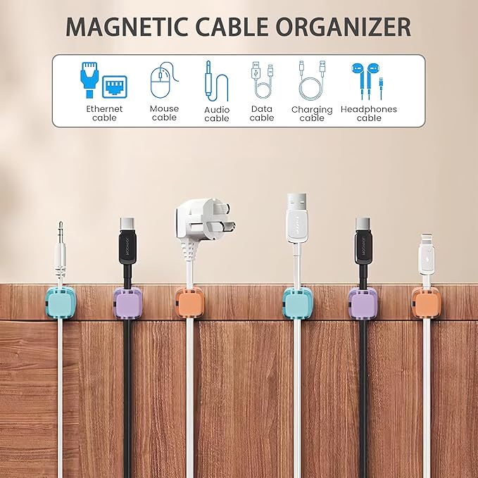 6 Pack Magnetic Cord Organizer & Cable Clips - Adjustable Under Desk Cable Management, Adhesive Wire Holder for Home, Office, Phone, Car, Wall, and Nightstand (Violet)