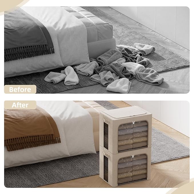 FHSQX 2 Pack Clear Window Storage Bins - Large Stackable Linen Fabric Storage for Clothes Foldable Container Organizer Set with Carrying Handles (Beige, 16.5x 12.2x 12.2Inch)