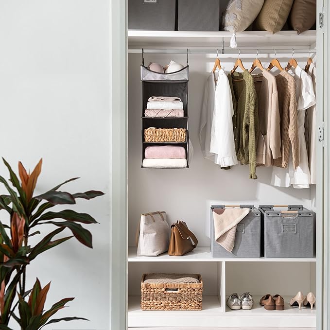 StorageWorks Hanging Closet Organizer, 3-Shelf Hanging Closet Shelves with Top Shelf, 12 ¾" W x 12 ¾" D x 32" H, Extra-Large Space, Blue & Gray