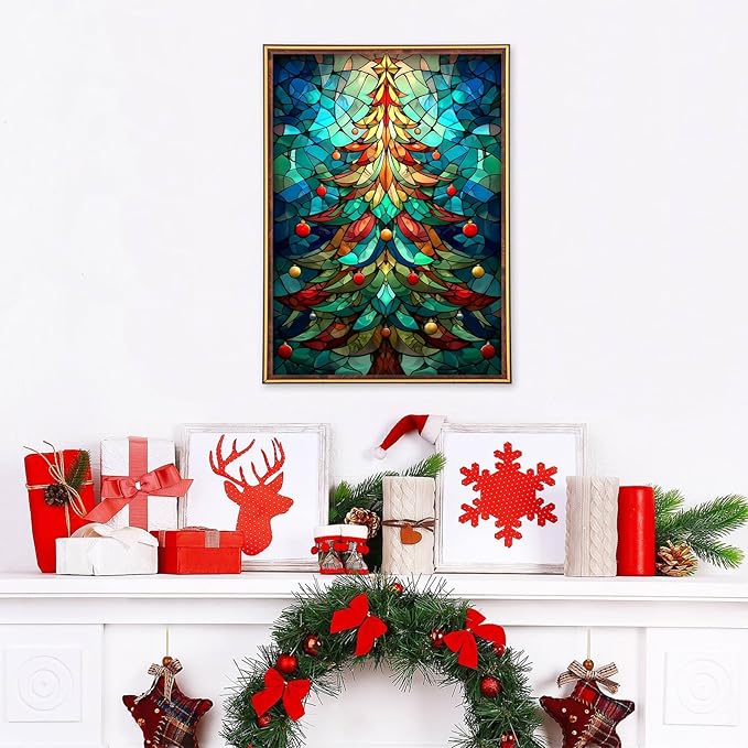 MEIYUDA Christmas Tree Diamond Painting Kits for Adults, 5D Glass Tree Diamond Art Kits for Beginners, DIY Gem Art Crystal Painting for Home Wall Decor and Present 12x16inch