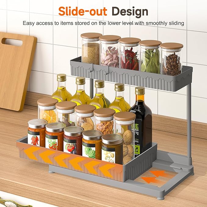 3 Pack Multi-Purpose Under Sink Organizers and Storage, 2026 L-Shaped Pull Out Cabinet Organizer for Bathroom & Kitchen, Under Cabinet Organizer with Hooks Hanging Cup (Grey, 12.85 inch)