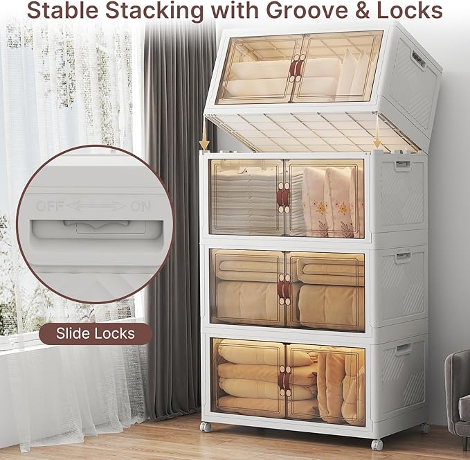 Stackable Storage Bins with Lids, 700QT Closet Organizers and Storage with Doors and Wheels, Extra Large Storage Cabinet, Collapsible Plastic Drawers for Bedroom Dorm Office Garage