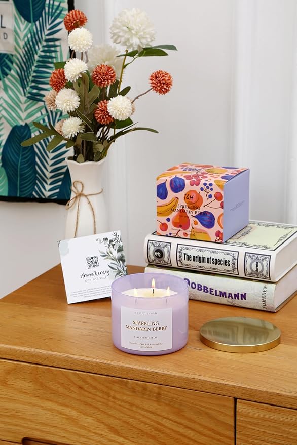 Large Sparkling Mandarin Berry Scented Candle for Home - 3 Wick Soy Candles 15.8oz, Fresh Citrus Aromatherapy Candle, Long Lasting Clean Burning, Uplifting Gift for Women & Men