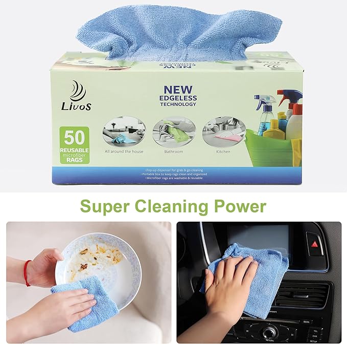 LIVOS 50 Pack Microfiber Cleaning Cloth in Box, Reusable Cleaning Rags, 11.5"x11.5", Edgeless Microfiber Wipes, Lint Free, Absorbent Shop Towels for Kitchen, Car, Glass (Blue)