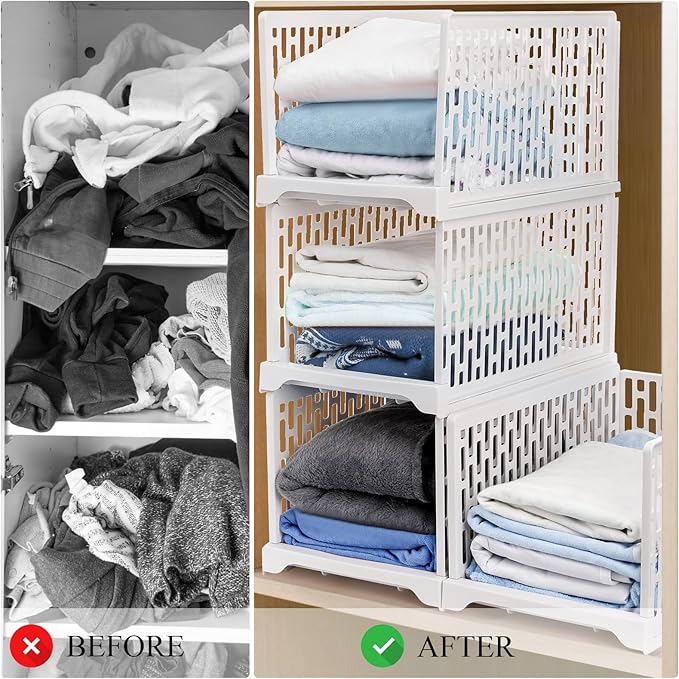 AVLA 4 Pack 38" Stackable Plastic Storage Basket, Plastic Foldable Closet Organizer Storage Bins, Wardrobe Storage Box Clothes Drawer Shelf Container for Cupboard Bedroom Dorm Bathroom Kitchen Office