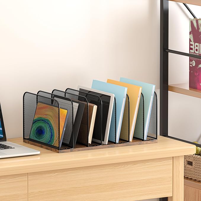 Piskyet Wooden Desk File Organizer, 7-Section Vertical File Folder Holder Stand,Metal Mail Paper Chromebook Organizer for Teacher Desk Office Classroom Desktop Organization