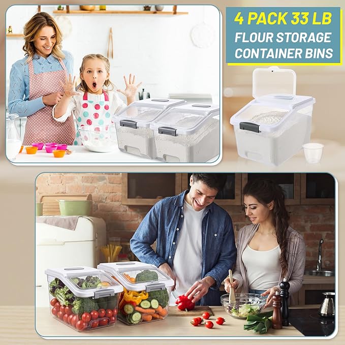 4 Pack Large Rice Storage Containers 30 Lbs Airtight Flour Container with Seal Locking Lid and Measuring Cup Kitchen Dry Food Storage Bins for Cereal Sugar Beans(Transparent and White)