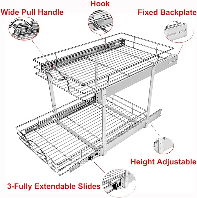 Sikarou Pull Out Cabinet Organizer 11" W x 21" D 2-Tier Individual Slide Out Drawer Pantry Shelf Storage for Kitchen Base Cabinet Organization for Kitchen, Bathroom, Pantry, Chrome