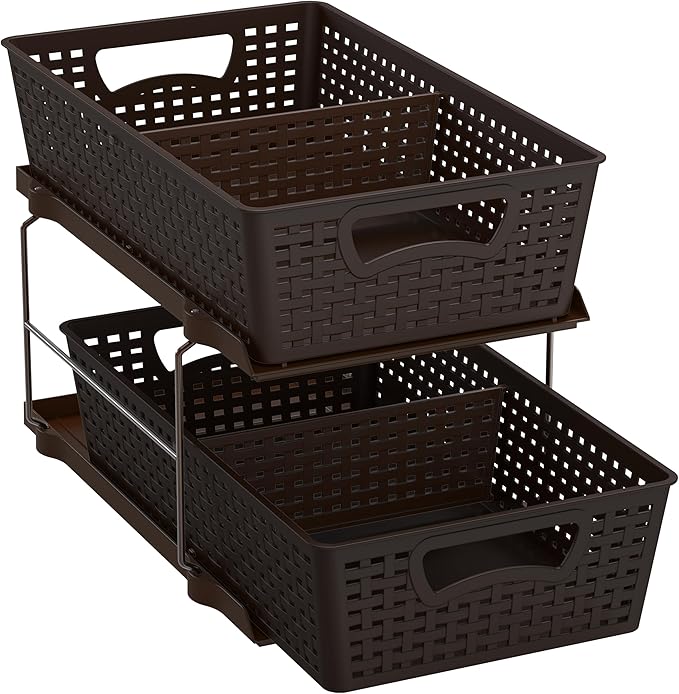 Simple Houseware 2 Tier Bathroom Organizer Tray Pull-Out Sliding Drawer, Under Sink Storage, Brown