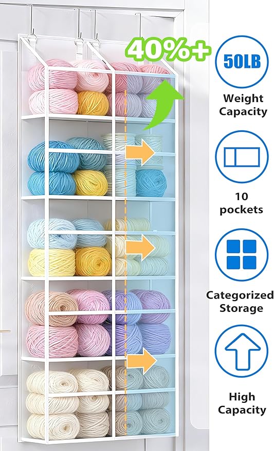 ALLTIDYUP 5 Tier Hanging Yarn Storage, 10 Clear Pockets Over the Door Organizer, Heavy Duty Oxford Fabric, Large Capacity 50lbs for Closet, Dorm Room, Pantry, Nursery, Crochet Hooks & Knitting Needles