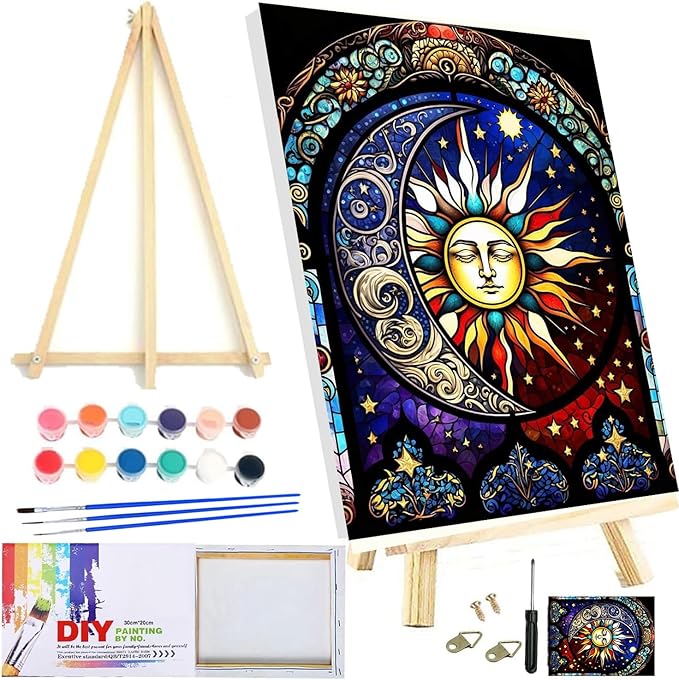 Meothan Paint by Numbers Kit for Adults,Stained Glass Paint by Numbers Kit for Beginner Sun Moon Paint by Numbers Kits for Home Table and Gift for Wall Decor 12x16 inch Framed and Easel