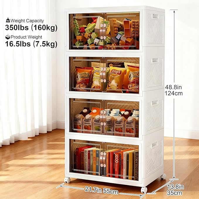 Collapsible Storage Bins with Lids&Wheels-252QT(63Gal) Stackable Plastic Containers with Doors,Heavy-Duty Foldable Organizer Bins for Home,Office,Books,White,4-Pack