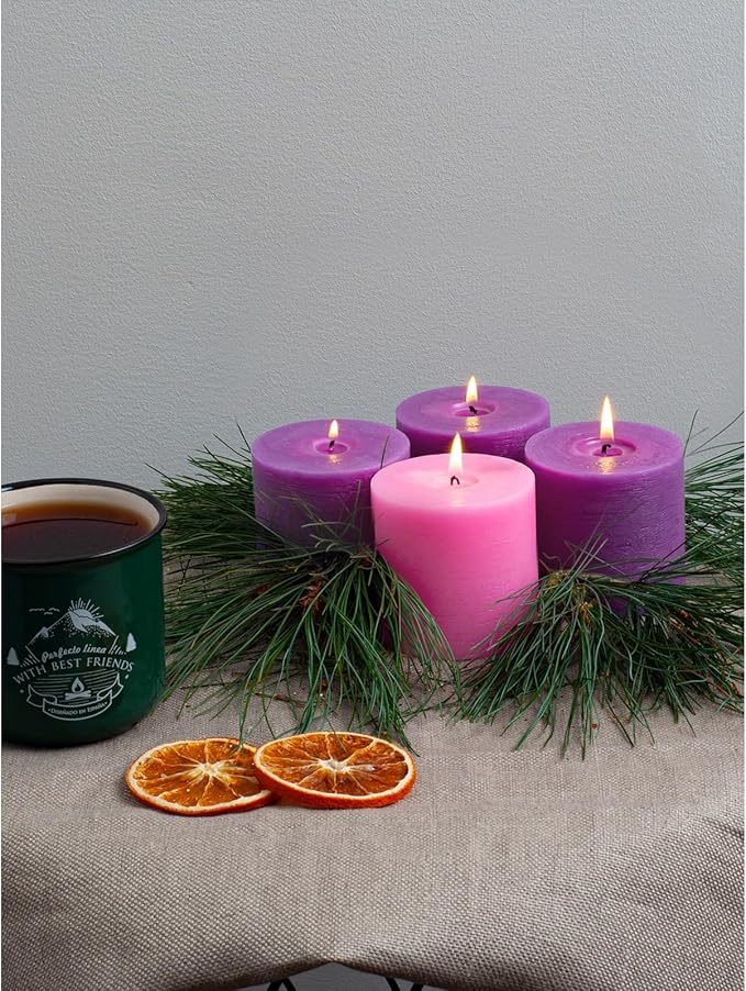 CANDWAX 3x3 Inch Advent Pillar Candles Set of 4 - Long Burning Dripless Unscented Pillar Candles - Rustic Style for Advent Wreaths, Christmas Décor - 3 Purple and 1 Pink Pillars
