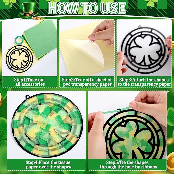Qyeahkj 36 Set St. Patrick's Day Suncatchers Crafts for DIY Shamrock Window Tissue Paper Craft Kit Hanging Decor for St. Patrick's Day Home Activity Art Project Birthday Party Favor