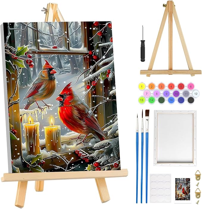 MOGTAA Christmas Cardinal Paint by Numbers Kit for Adults Beginners with Frame, Winter Adult Paint by Number Kits on Canvas with Easel, Easy DIY Candle Oil Painting Kits for Home Decor, 8x12in