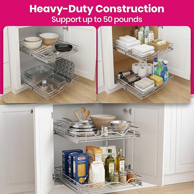 2-Tier Pull-Out Cabinet Organizer with Heavy-Duty Steel Frame, Full-Extension Sliding Shelves, Holds 100 lbs, Easy Install for Kitchen, Pantry & Under Sink Cabinets, 20" W x 21”D x 16.5" H