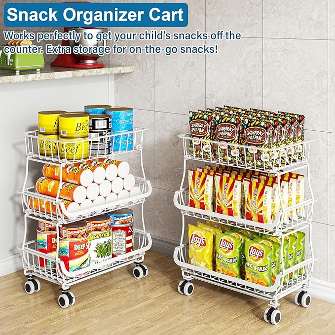 3-Tier Rolling Pantry Floor Organizer and Storage Cart with Wheels, Stackable Wire Pantry Baskets for Pantry Shelves, Kitchen Storage Rack and Fruit Basket Stand for Fruit Snack Onion Potato