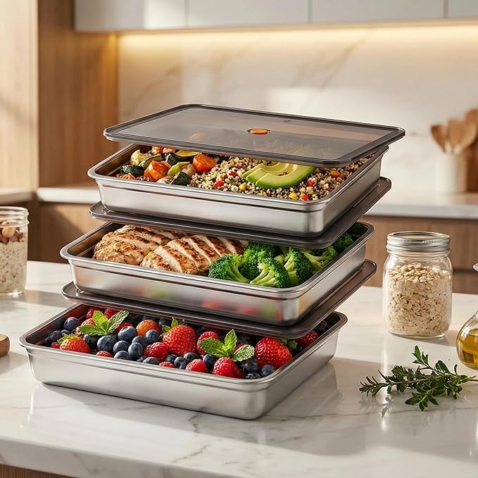 Stainless Steel Food Storage Containers, Silver, Airtight with Vacuum Seal, Stackable Rectangular, 3-Piece Set, BPA-Free Lids, for Meal Prep and Leftovers Storage(Shallow- 1.9'' Height)