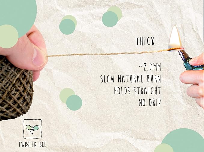 100% Organic Hemp Wick with Natural Beeswax Coating, Twisted Bee (200ft x Thick Diameter)