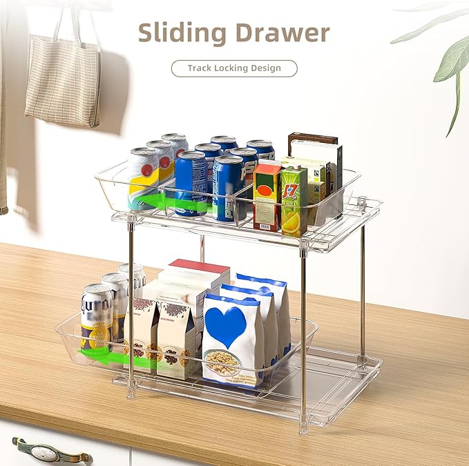 Under Sink Organizer, Bathroom Organizers and Storage, 2 Tier Multi-Use Pull Out Cabinet Organizer with Hang Hooks and Cups (transparent, 2 Pack)