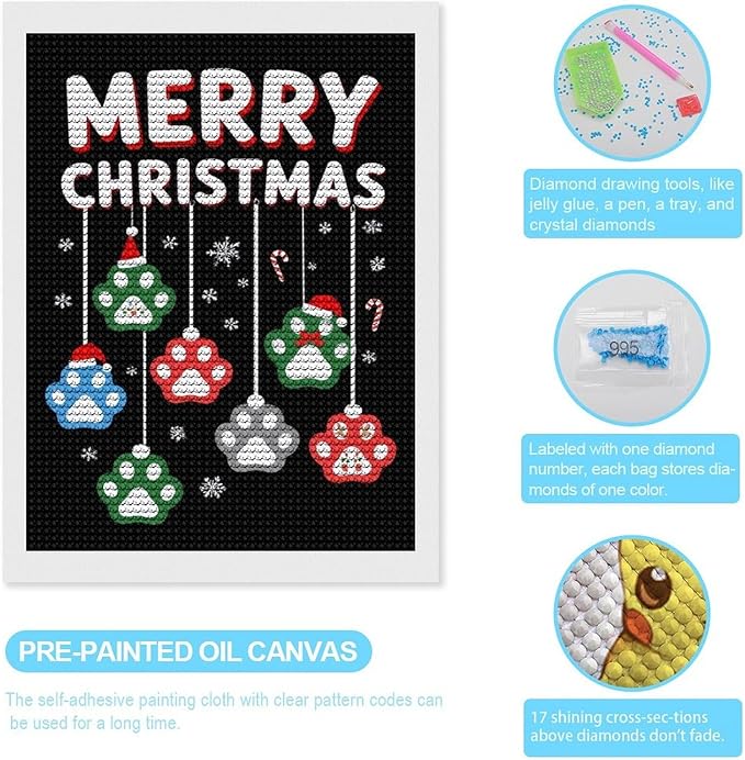 AIVKIEJK Diamond Painting Kits for Adults - Merry Christmas Paw Painting DIY 5D Full Drill Diamond Dots Paintings with Diamonds Gem Art and Crafts Home Decor 12"x16"