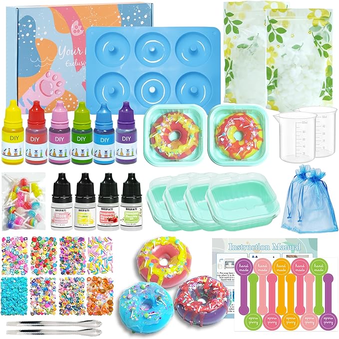 BRIPATI Soap DIY Making Kit - Soaps Crafts Supplies Set for Adults Include Soap Base, Silicone Donut Mold, Fragrance Oil, Liquid Dyes, Glitters, Birthday & Holiday Gift