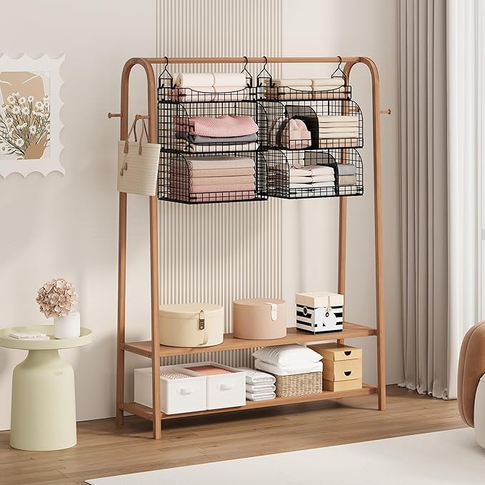 SWTYMIKI Hanging Closet Organizer Storage - 3 Tier Metal Stackable Hanging Closet Shelves with Dividers and S Hooks, Foldable Clothes Shelves for Clothes, Pants, Shoes, Coat, Hats Clutches Accessories