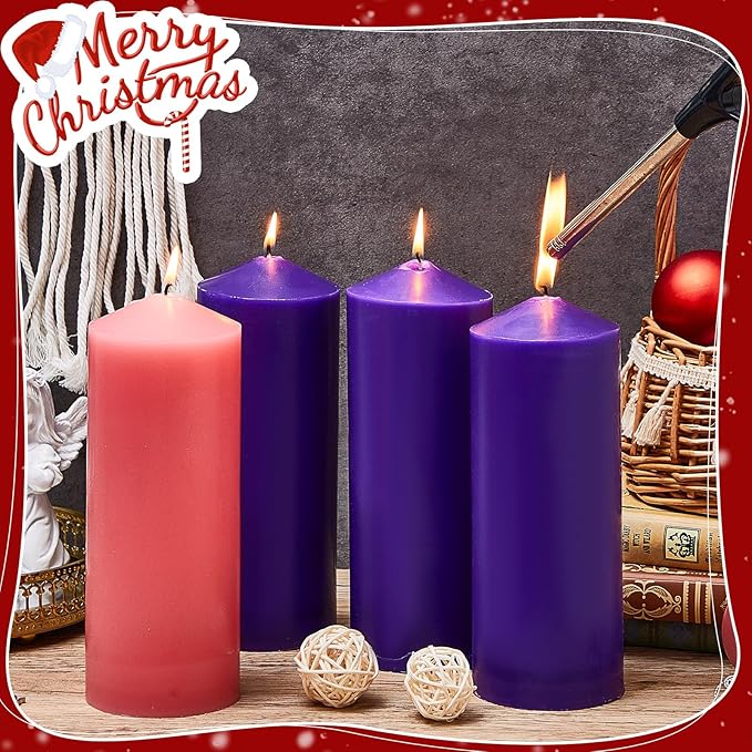 Amylove 8 Pcs 3 x 8 Inch Advent Pillar Candles Set Pink Purple Christmas Unscented Lasting Burning Church Candles for Advent Wreath Holiday Gifting