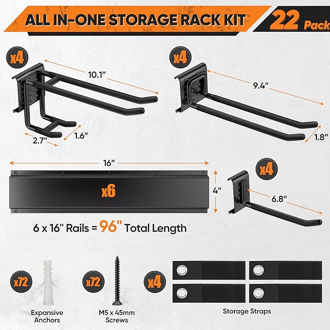 Garden Tool Organizer Wall Mount, 96 inches Tool Storage Rack with Adjustable Hooks, 600lbs Adjustable Heavy Duty Metal Hooks, Yard Shed Rack Holder System Hanging Rake Broom Mop Snowboard, Men Gift