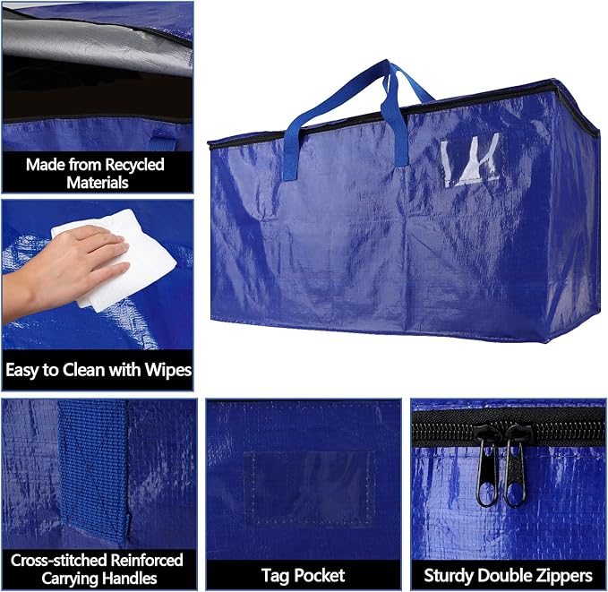 4 Pack Real 100lb Capacity Heavy Duty Moving Bags with Strong Zippers and Reinforced Handles, Extra Large Storage Totes for Packing & Moving Storing, Space Saving Alternative to Moving Boxes-95L,Blue