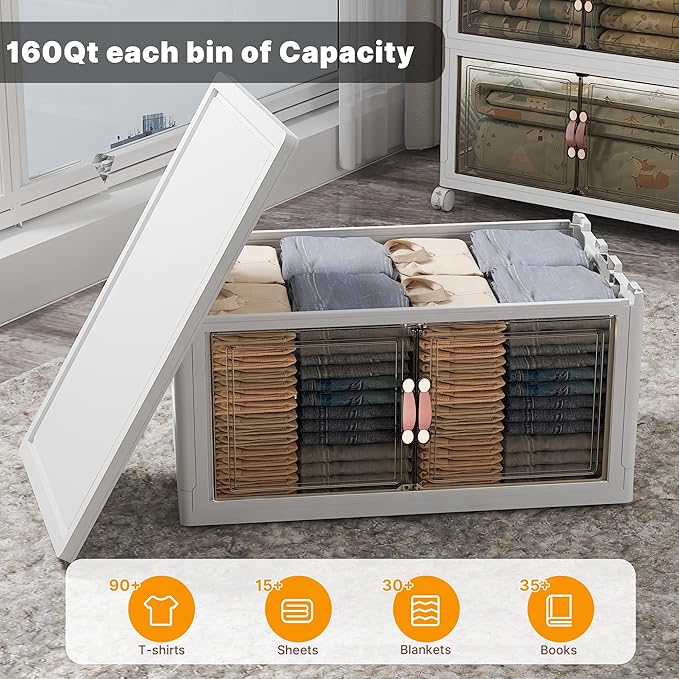 Stackable Storage Bins with Lids, 960QT Closet Organizers and Storage with Doors and Wheels, Extra Large Storage Cabinet, Collapsible Plastic Drawers for Bedroom Kitchen Office Garage