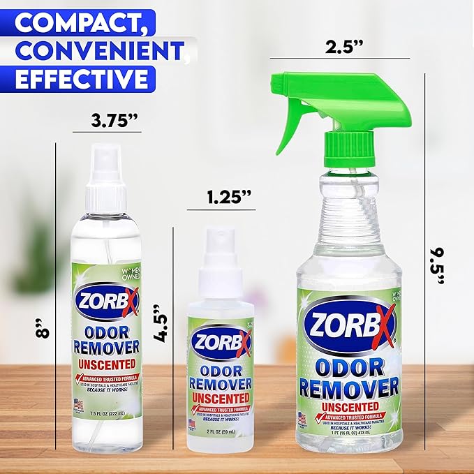 ZORBX Unscented Odor Eliminator for Strong Odor 3 items Bundle: 16 Oz + 7.5 Oz + 2 Oz - Used in Hospitals & Healthcare Facilities - Fast-Acting Odor Remover Spray for Dog, Cat, House & Carpet