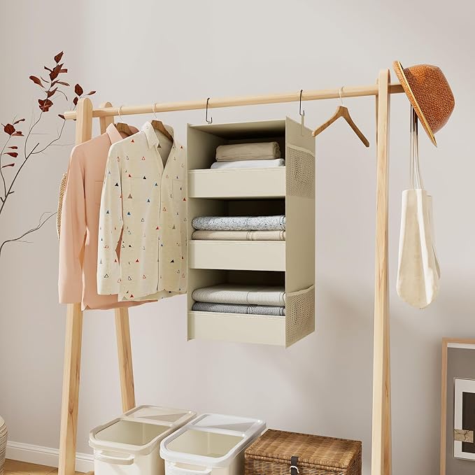 3-Shelf Hanging Closet Organizer and Storage, Foldable Hanging Closet Shelves Front Lip Design Washable Hanging Storage, Beige