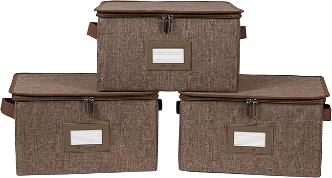 Covermates Keepsakes Zip-Top Storage Box Set, 3 Pack Heavy Duty Polyester Organizer Bins, Stackable Design, ID Window, Reinforced Handles, Closet Home Storage, Brown Heather