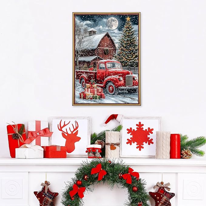MEIYUDA Christmas Diamond Painting Kits for Adults, 5D Winter Farm Truck Diamond Art Kits for Beginners, DIY Gem Art Crystal Painting for Home Wall Decor and Present 12x16inch