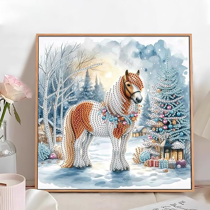 antor Christmas Diamond Painting Kit, 5D Special Shape Diamond Art for Adults, Decorated Horse in Snow Scene DIY Crystal Rhinestones Diamond Painting, Holiday Wall Decor, Winter Home Decoration