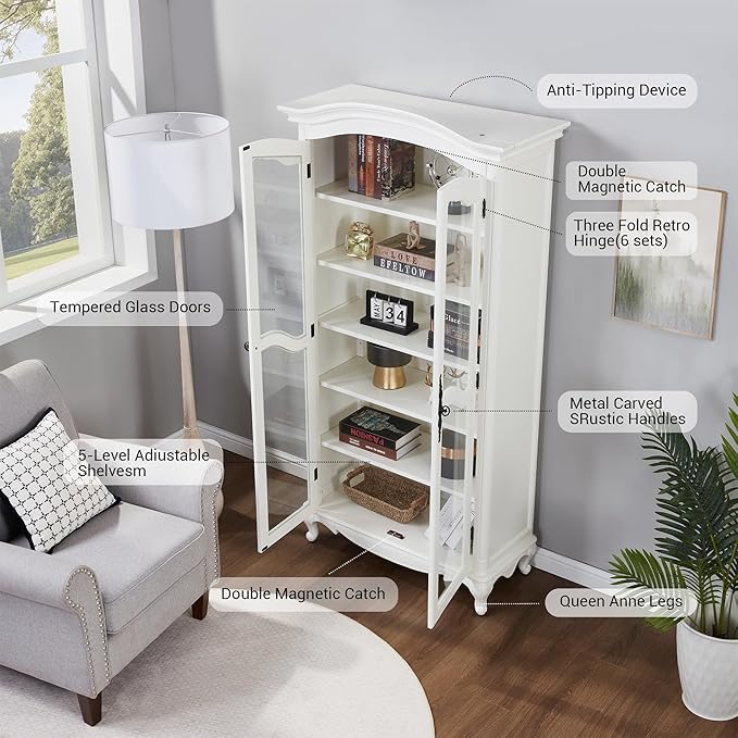 Farmhouse Arched Display Cabinet Bookcase Bookshelf with Glass Doors and Adjustable Shelves, 72" Tall 6 Tiers French Country-Inspired Wooden Curio Cabinet for Living Room, Office (Antique White)