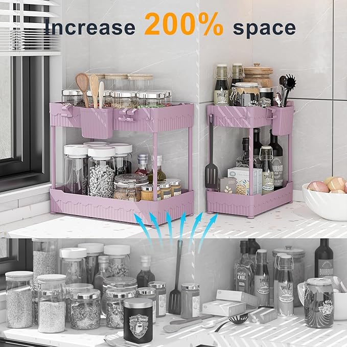 2 Pack Under Sink Organizer, Under Bathroom Cabinet Organizer with Hooks Hanging Cup, Multi-Purpose Storage Shelf for Kitchen Bathroom (Pink, 12.8 Inch)