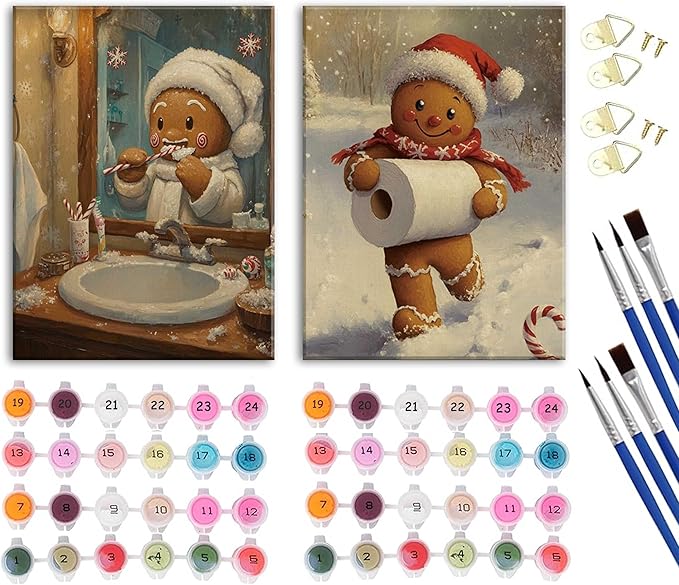 Paint by Number Kit for Adults & Kids, 2 Pack Christmas Gingerbread Men Scenes 16x20 Inch Unframed, DIY Acrylic Painting Kit with Brushes & Paints, Festive Humorous Home Art Decor