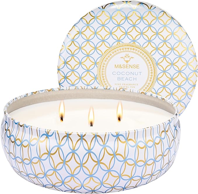 M&SENSE Coconut Beach Scented Candles 12 oz, Large 3 Wick Soy Tin Candle, Over 40 Hour Burning Time, 100% Natural Vegan Wax, Relaxing Aromatherapy Aesthetic Candle Gift for Women Men