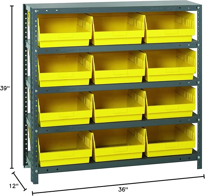 Quantum Storage Systems 1239-209YL Store More Steel Shelving Unit with 6' Shelf Bins, 12' D x 36' W x 39' H, Yellow