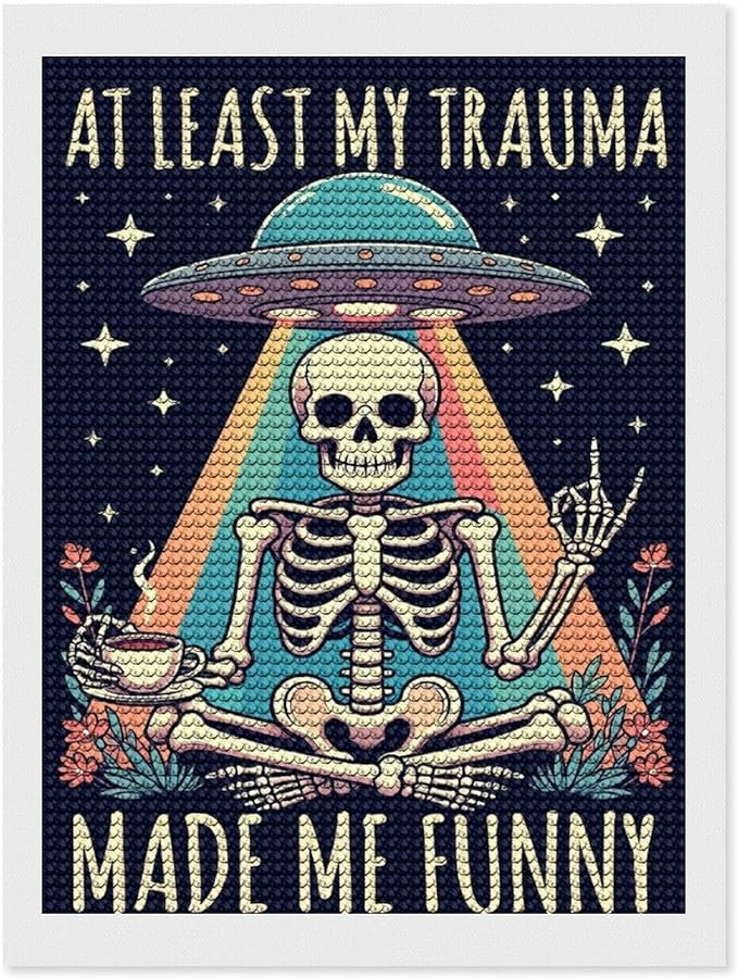 KIVJMSIDJA 5D Diamond Painting Kit for Skull Skeleton “At Least My Trauma Made Me Funny” Adults Full Drill Round Rhinestone Art Craft DIY Home Wall Decor 12"x16"