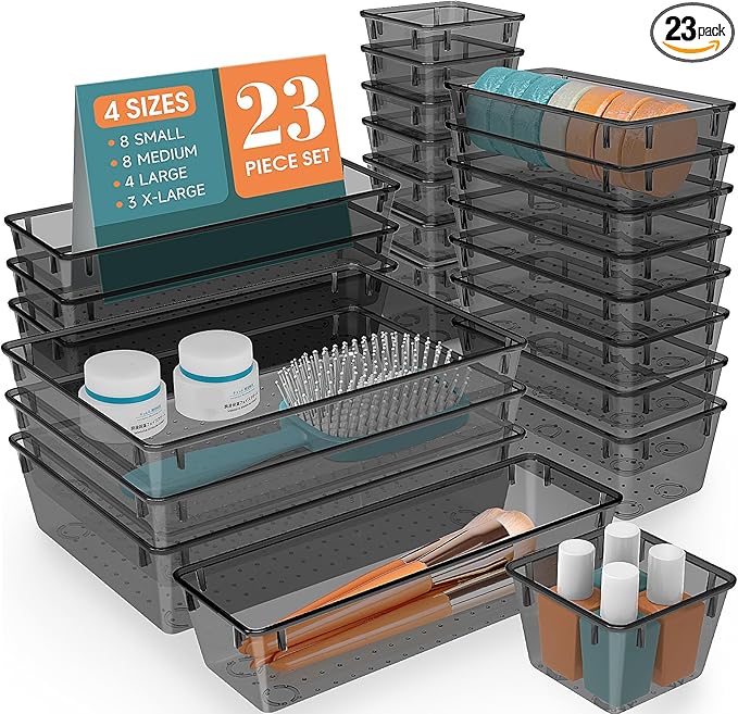 StorMiracle 23 PCS Clear Plastic Drawer Organizers Set, 4 Size Desk Drawer Organizer Trays for Makeup, Jewelry, Kitchen Utensils, Gadgets and Office Accessories, Black