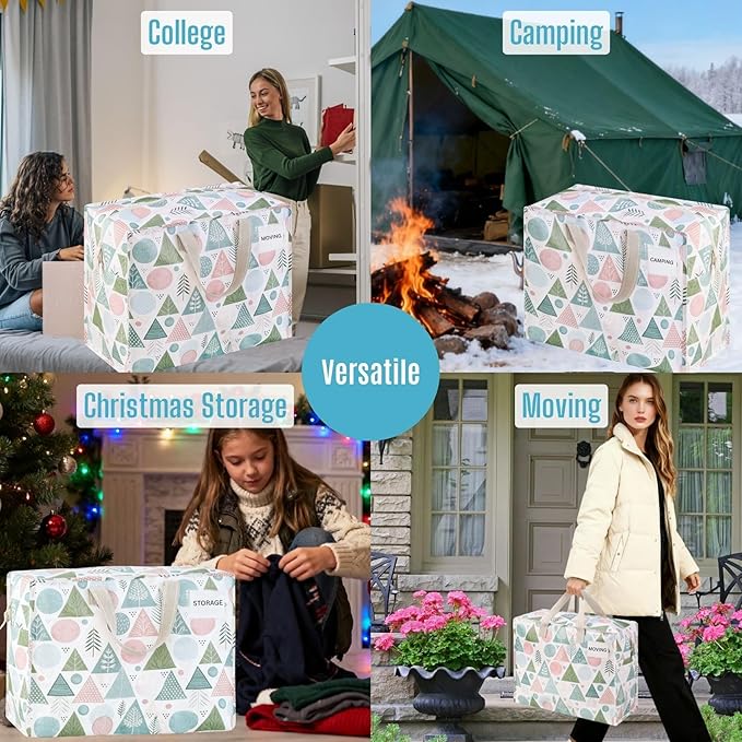 VENO 4 Pack Heavy Duty Moving Bags, Storage Bags, Packing Supplies, Top Zipper, Storage Totes for Camping, Clothes, Bedding, Comforters, Pillows, Christmas Pattern (13 Gallon, Pastel Forest, 4 Pack)