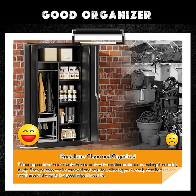 Greenvelly Metal Storage Cabinet with 2 Doors, Black 72” Steel Storage Wardrobe Cabinet, Employees Locker Closet Clothing Coat Steel Wardrobe Cabinet with Hanging Rod for Garage, Gym, Home Office