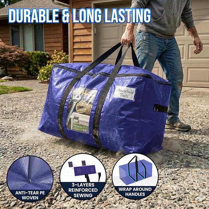TAILI 10 Pack Dark Blue Extra Large Moving Bags, Heavy Duty Totes with Visible Window, Wrap Around Handles, Great for Space-Saving