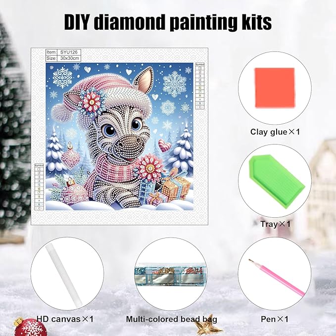antor Diamond Art Painting Kits for Adults Christmas Zebra, 5D Special Shape Diamond Art Kits for Beginners, Crystal Rhinestones Diamond Art Painting for Home Wall Christmas Decoration Gift 12×12inch
